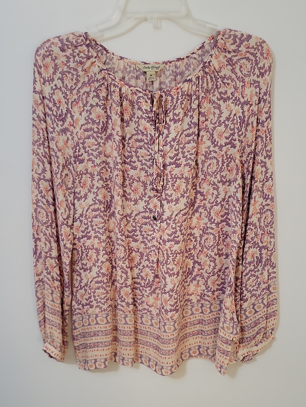 Lucky Brand Lavender and Cream Paisley Peasant Top, Size Medium